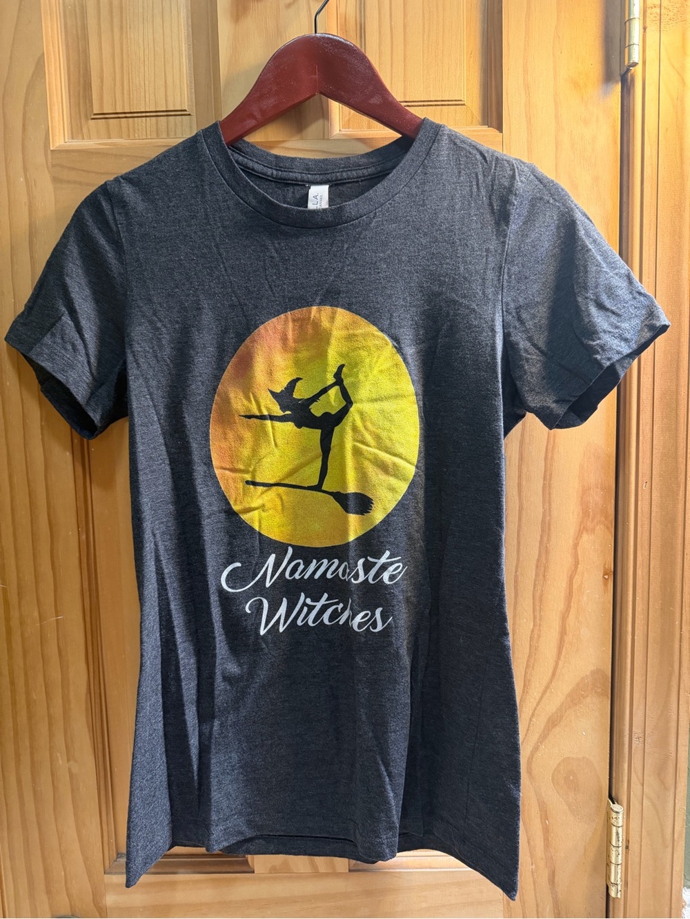 Bella Canvas Dark Gray 'Namaste Witches' Graphic Tee with Yellow-Orange Moon